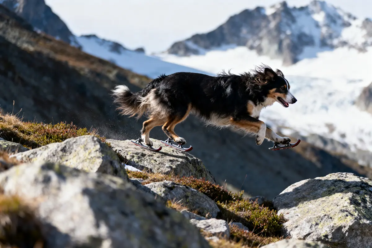 Chien avec chaussures spéciales court sur des rochers, montagnes enneigées en arrière-plan lumineux.