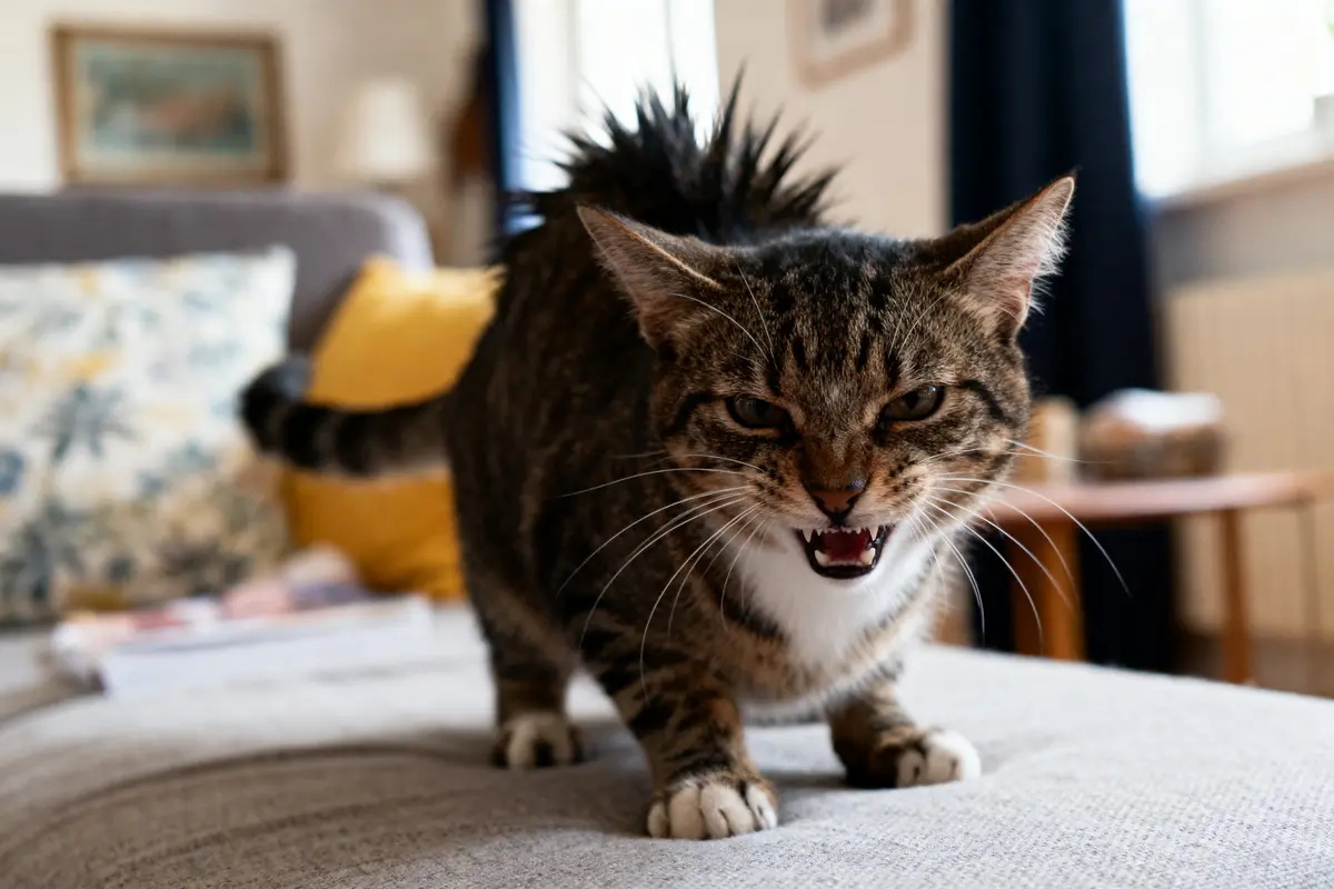 Un chat tigré hargneux montrant les dents, debout sur un canapé dans un salon.