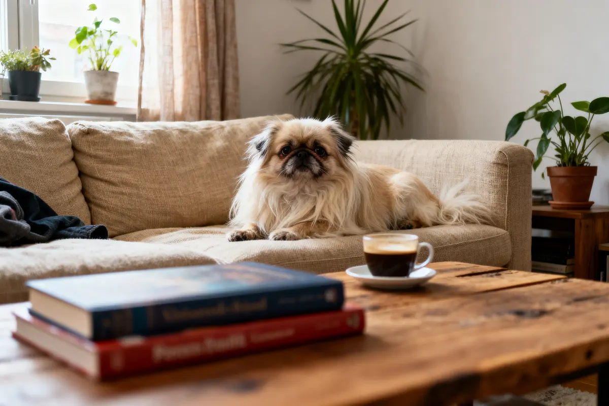 Petit chien à poil long sur canapé, café sur table en bois, intérieur avec plantes.