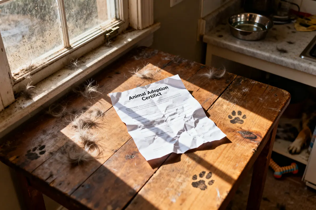 Certificat d'engagement pour un animal froissé sur table avec poils et empreintes