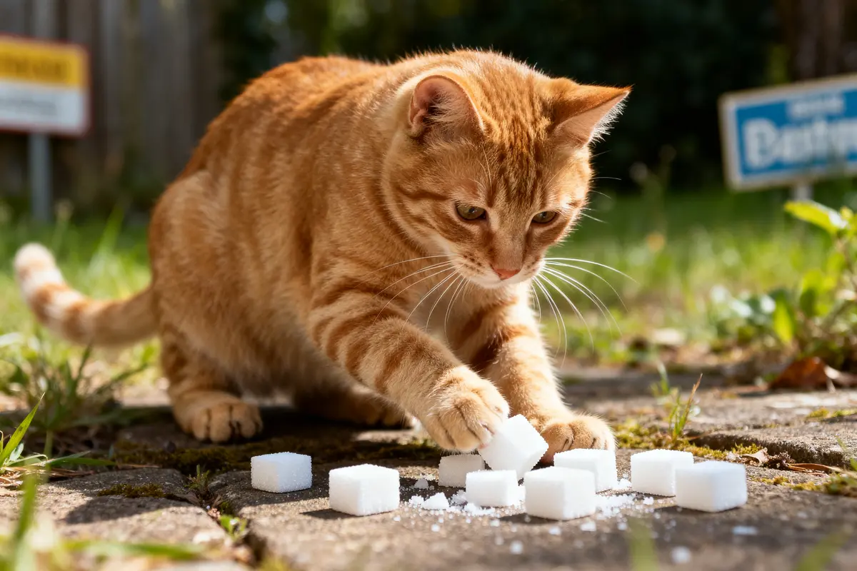 Chat roux jouant avec des cubes de sucre sur le sol extérieur ensoleillé