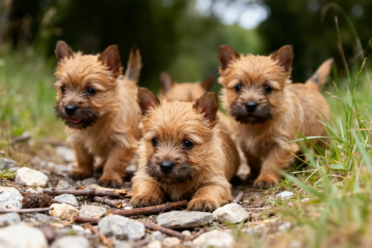 Quatre chiots Cairn Terrier marchent sur un chemin de cailloux en pleine nature.