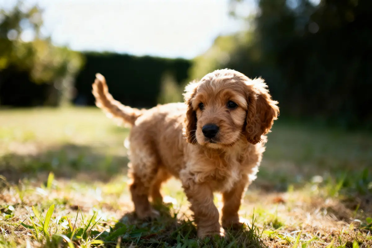 Un chiot cocker marron joue dans un jardin ensoleillé, entouré de verdure.