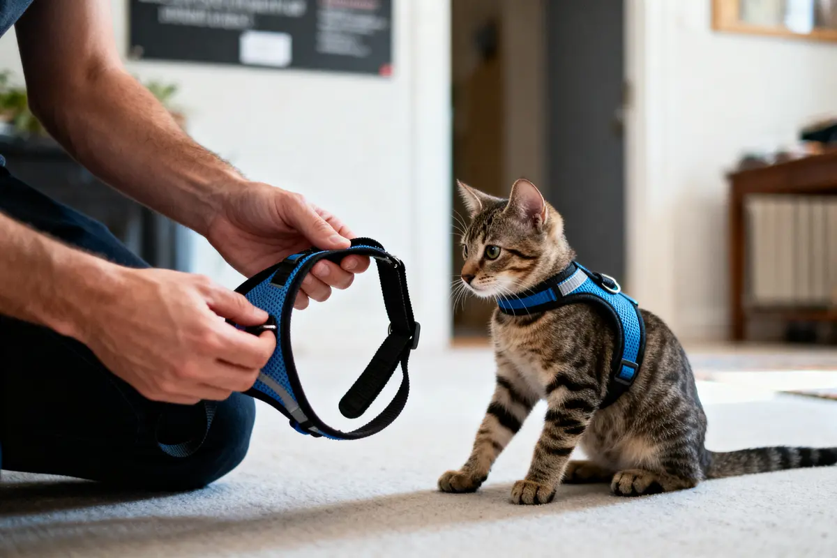 Un chaton tigré portant un harnais bleu regarde une personne ajustant un harnais supplémentaire.