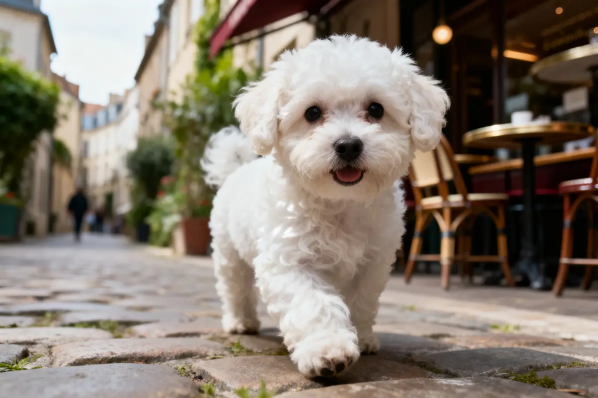 Petit chien blanc marchant sur une rue pavée, devant des bâtiments résidentiels et un café.