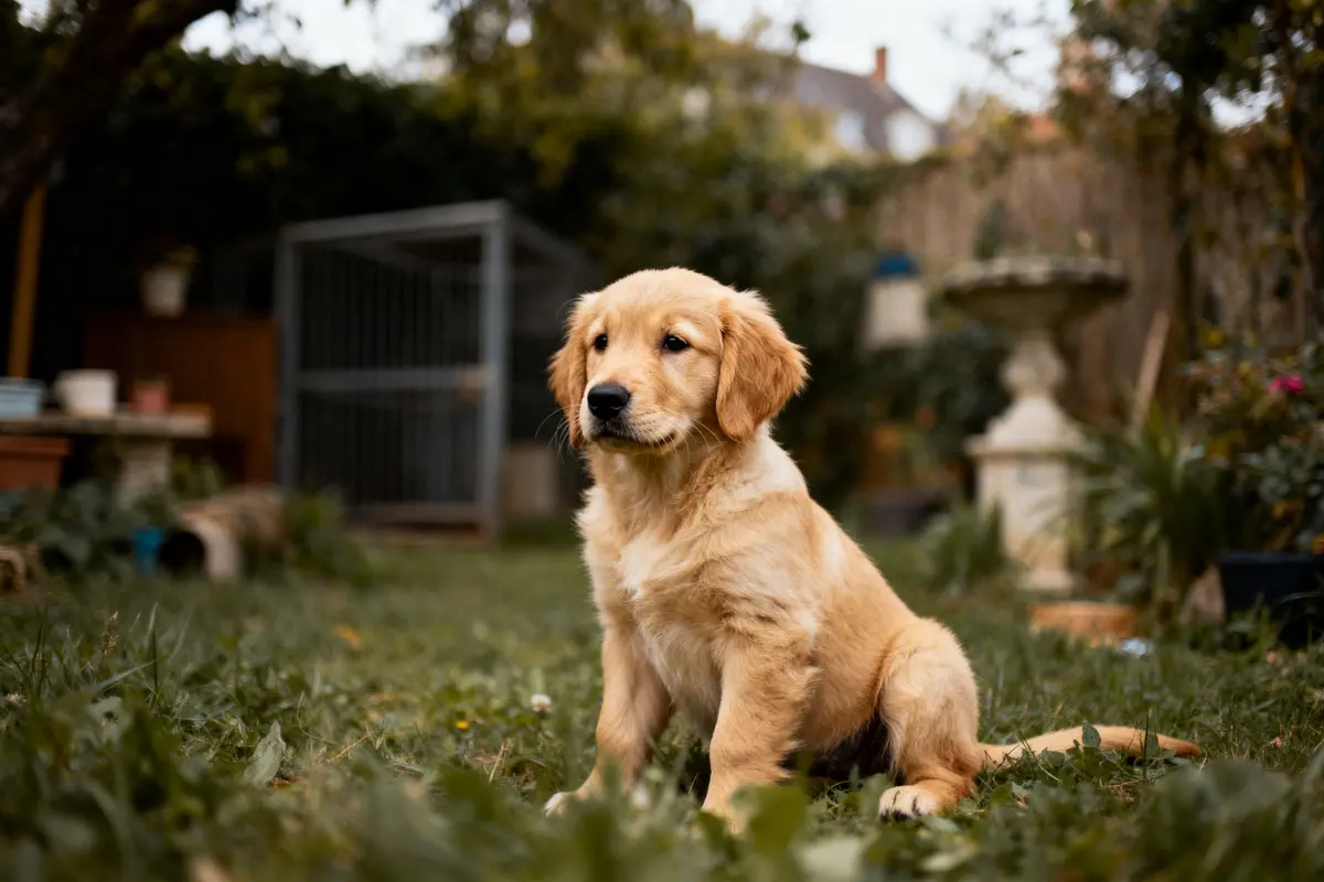Un chiot golden retriever assis dans un jardin, entouré de plantes et d'une niche en arrière-plan.