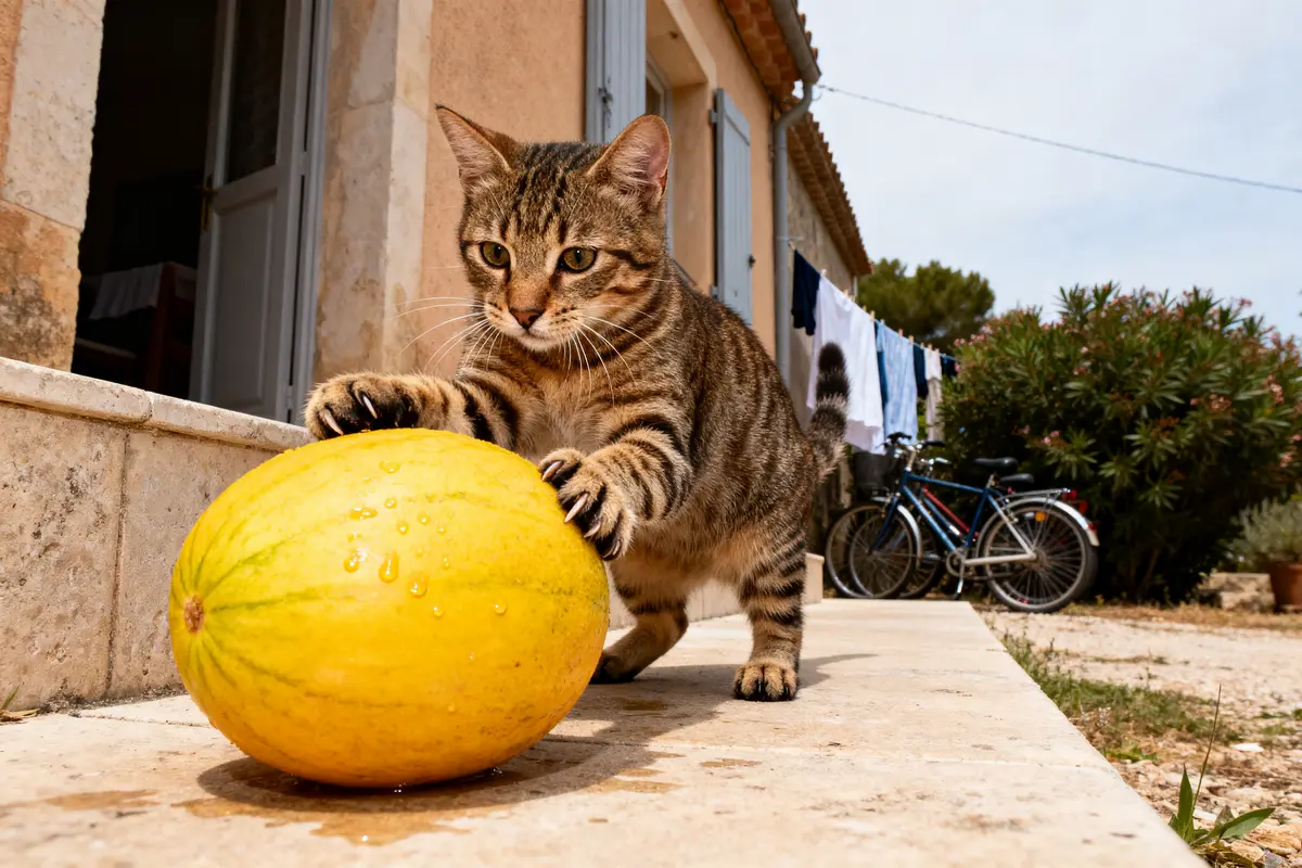 Chat tigré jouant avec un melon jaune, sur une terrasse ensoleillée, près d'une maison en pierre.