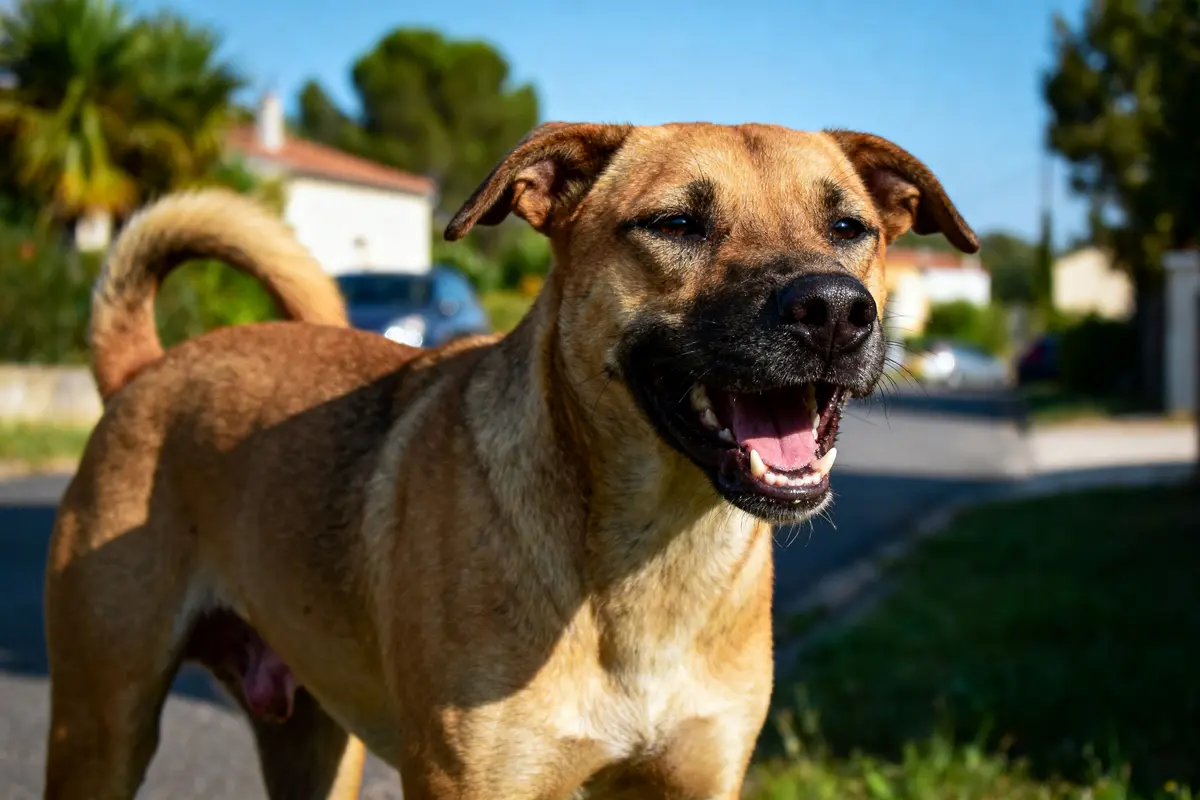 Chien brun heureux se tient sur la route, ensoleillé, avec des maisons et arbres en arrière-plan.