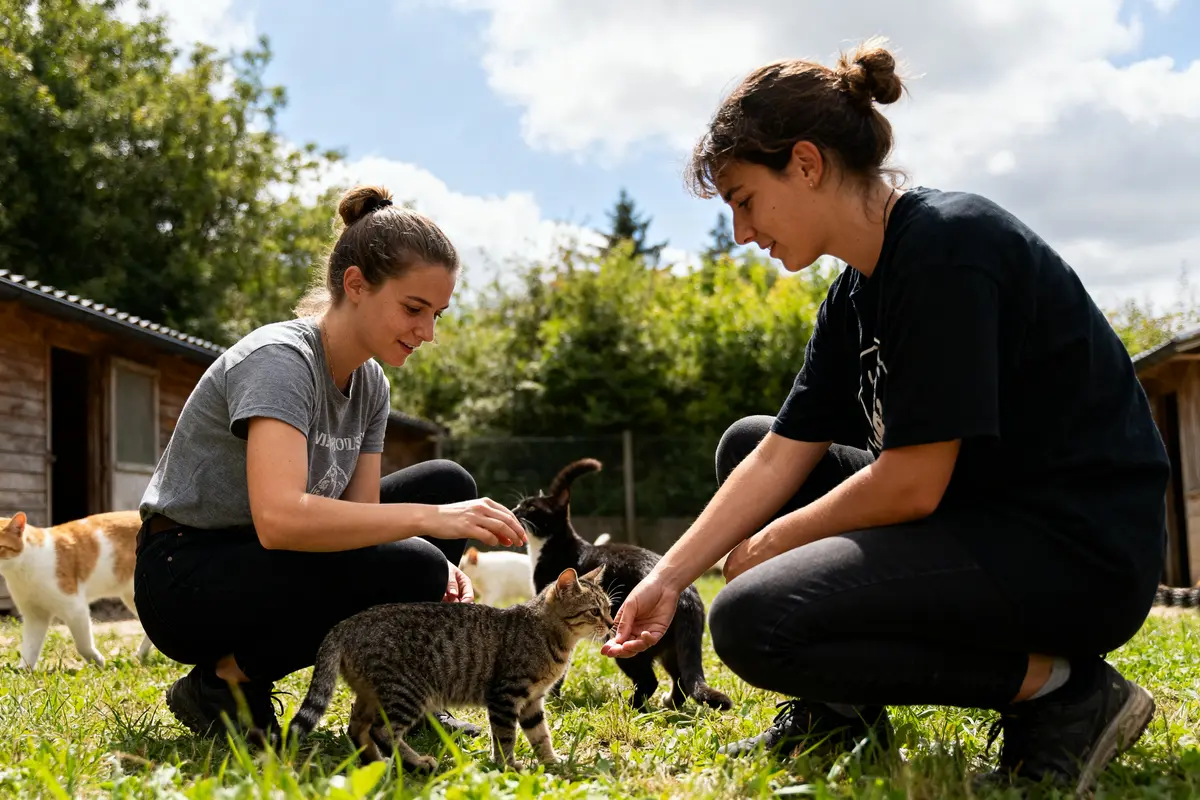 Deux femmes caressant des chats au refuge Société Protectrice des Animaux à Éveux