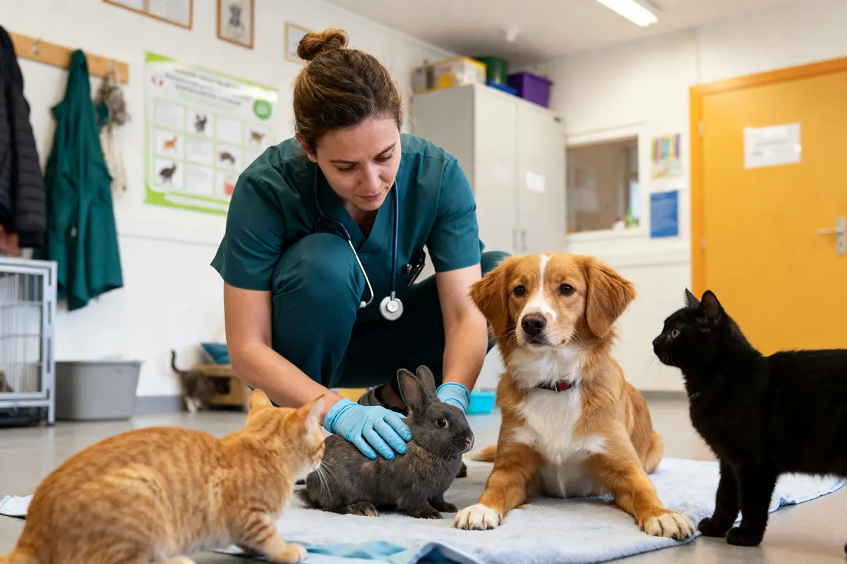 Vétérinaire soignant un lapin entouré de chats et chien à la société protectrice des animaux à Strasbourg