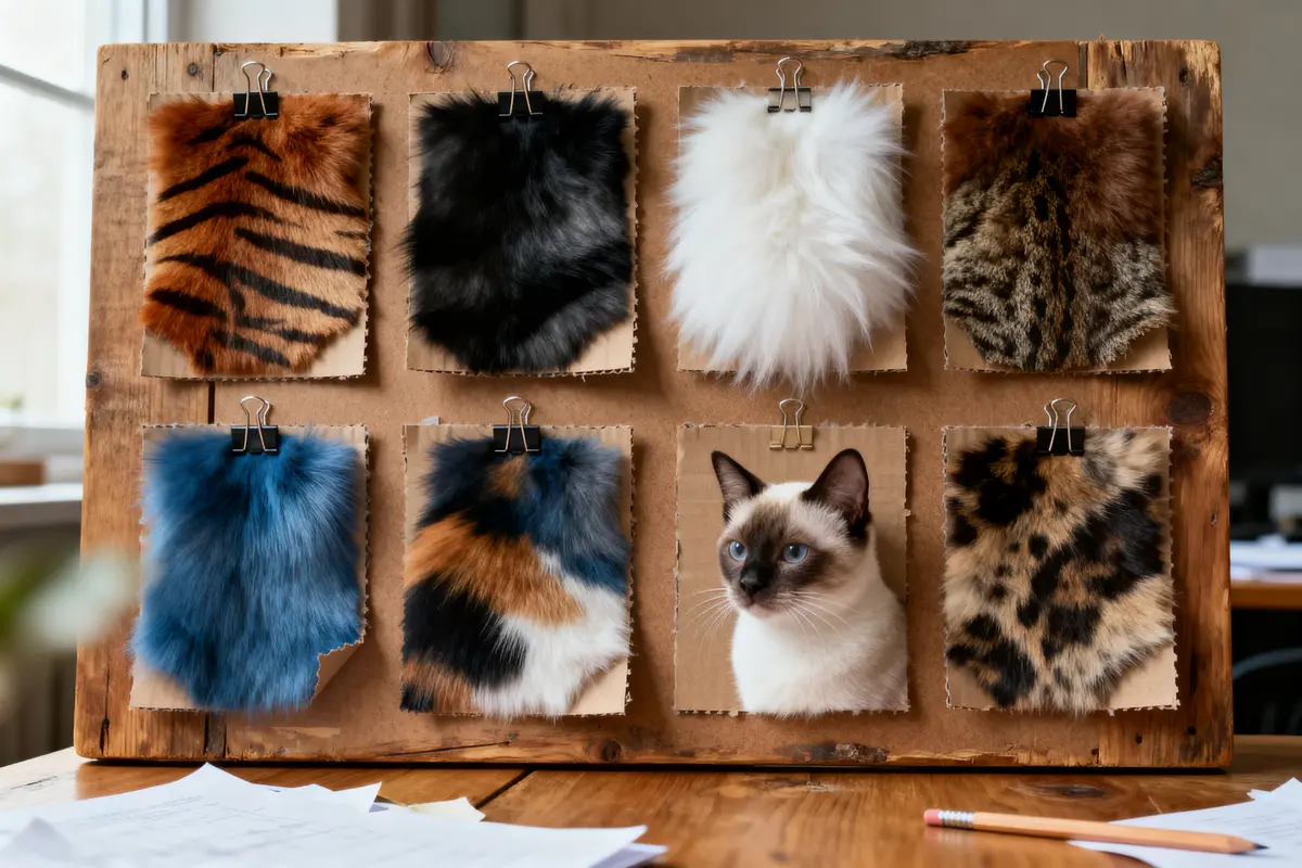 Un panneau avec échantillons de fourrure colorée, plus un chat siamois en dessous.