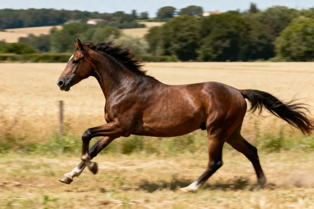 Un cheval brun trotte dans un champ, en pleine nature, avec des arbres en arrière-plan.