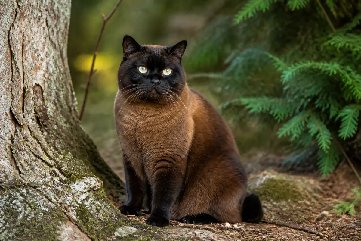 Chat Thai royal au pelage brun foncé assis près d'un tronc d'arbre en forêt