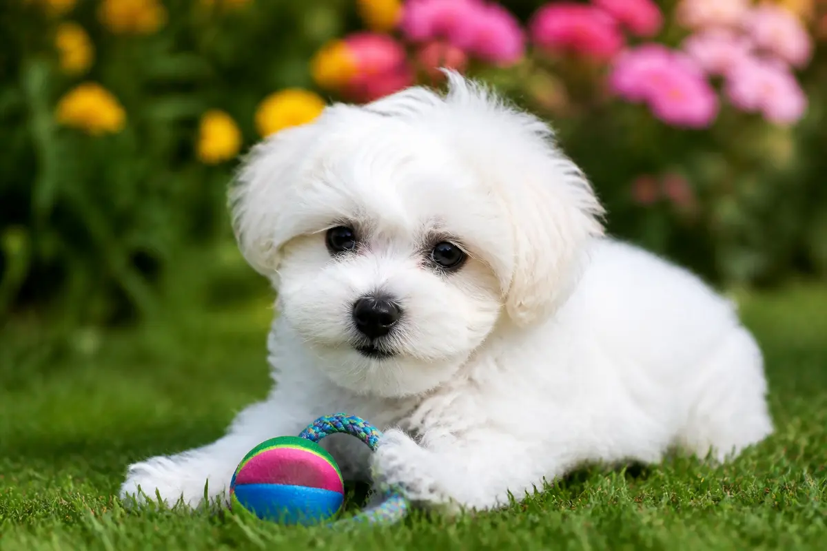 Chiot Bichon Havanais disponible jouant sur l'herbe avec un jouet coloré devant des fleurs