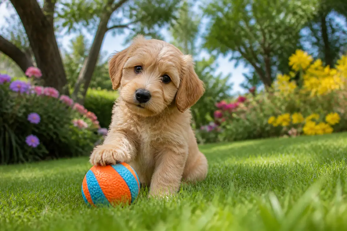 Chiot Labrit à donner jouant avec une balle colorée dans un jardin fleuri verdoyant