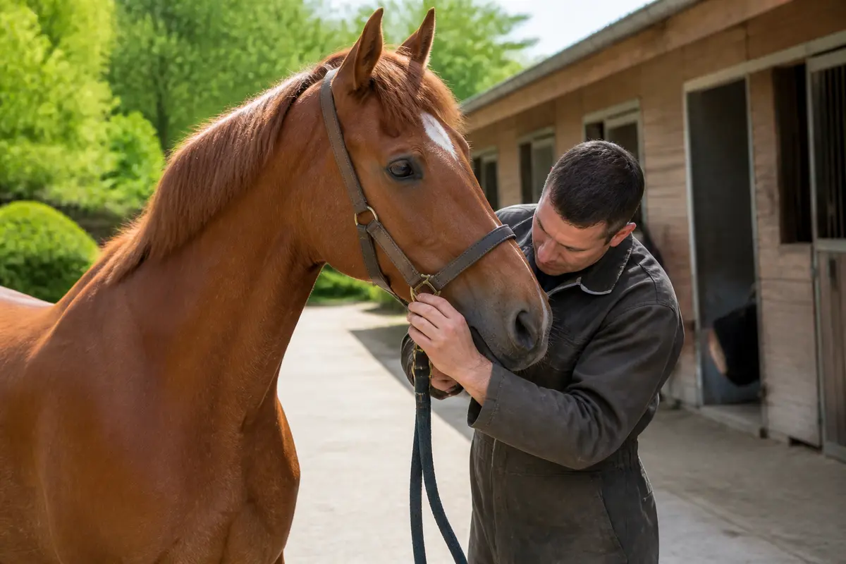 Éleveur caressant un cheval brun devant des écuries, mettant en valeur horse and breeder