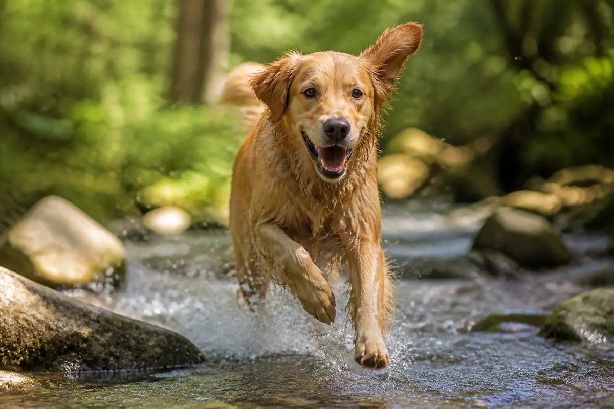 Golden retriever femelle courant joyeusement dans l'eau, idée prénom chien 2026.
