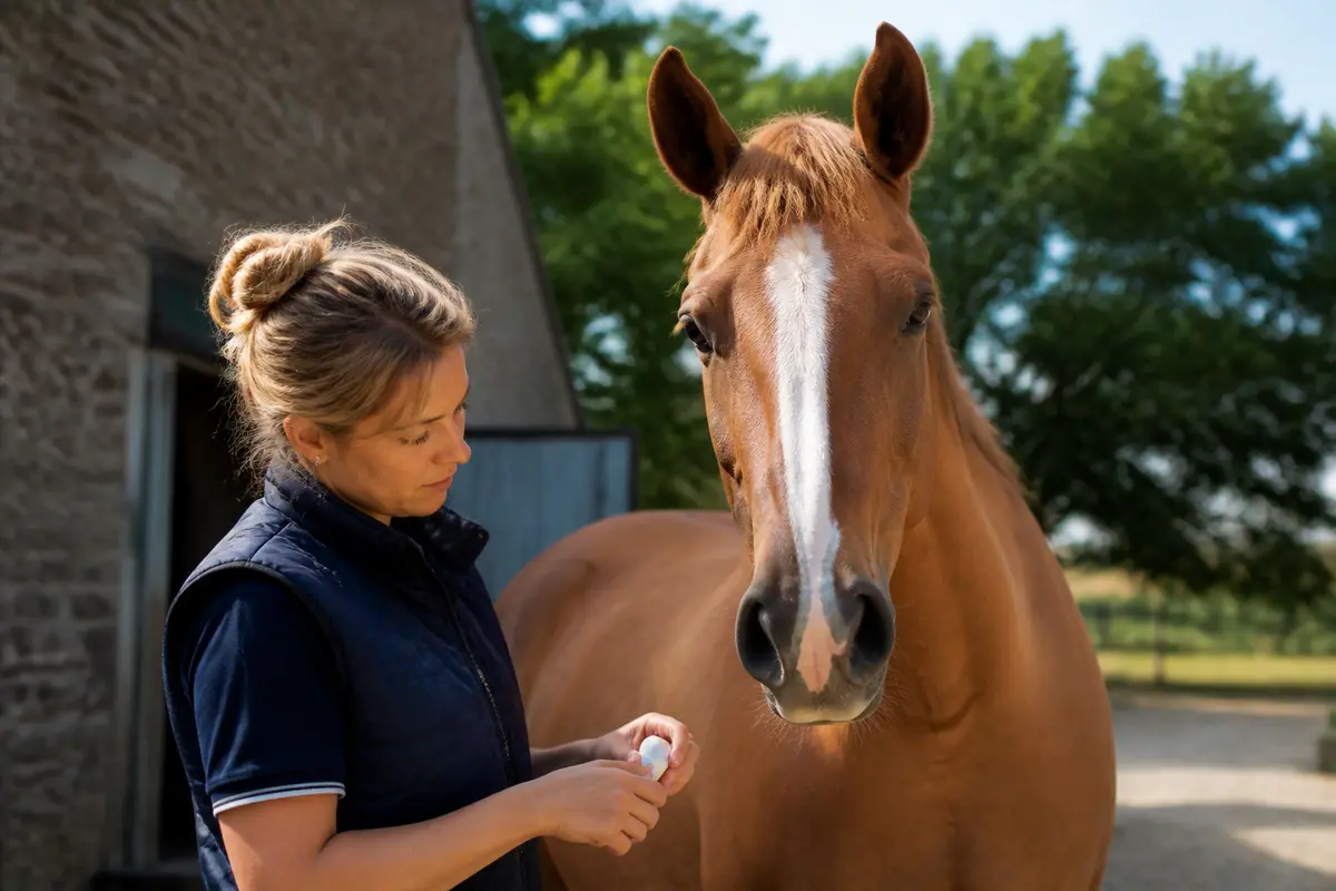 Une femme prépare à vermifuger un cheval devant une écurie ensoleillée